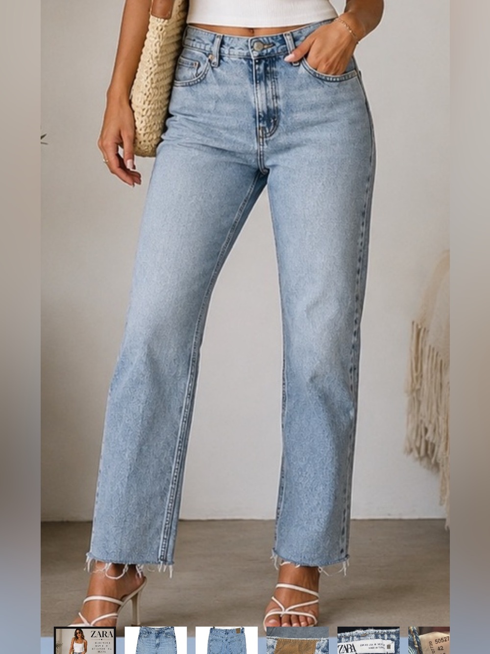 NWT ZARA Straight Fit Light Wash Raw Hem Ankle Length Covered button front